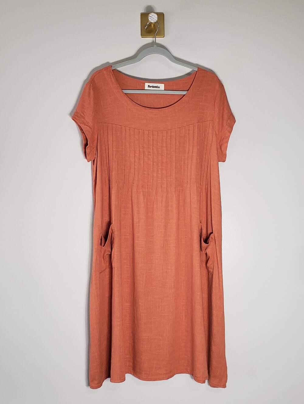 Mordenmiss Midi Dress XL Orange Linen Cotton Blend Short Sleeve Pockets Coastal
